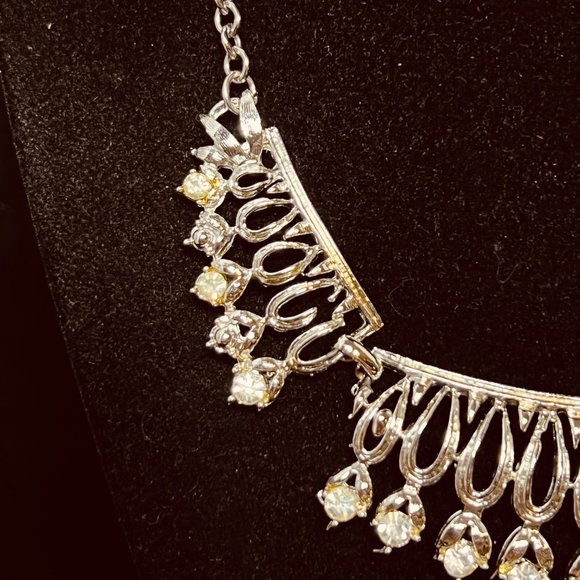 Silver Tone Cable Chain And Rhinestone Bib Necklace (3851) - Picture 3 of 6